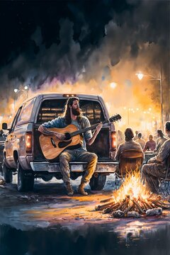Ultrawide shot watercolor painting of a man sitting on a trucks tailgate with a guitar playing for a group of people around a bonfire drinking beer at night 