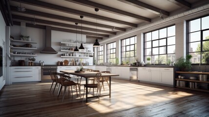 Spacious loft style kitchen with dining area. White facades, open shelves, large wooden table, modern kitchen appliances, wooden floor, wooden ceiling with beams, green plants, panoramic windows.