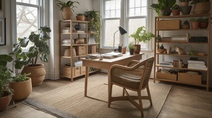 Fototapeta premium Light room interior with comfortable workplace near window