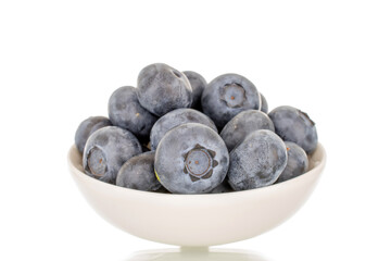 Several sweet blueberries with white saucer, macro, isolated on white background.