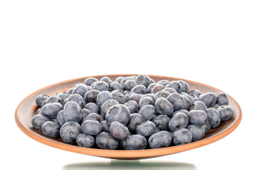A few sweet blueberries with a clay plate, macro, isolated on a white background.