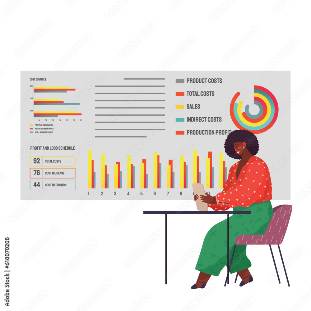 Poster businessman analysing sales statistics graphs on presentation screen. studying statistical diagrams 