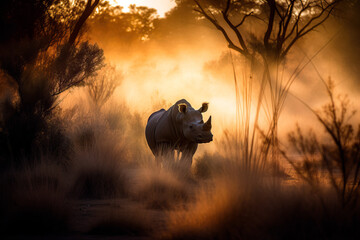 Powerfull African rhino in the savanna at sunset. Amazing African Wildlife. Generative Ai