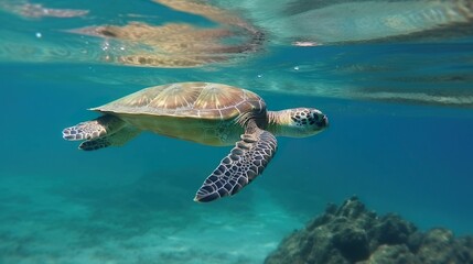 Fototapeta premium AI-generated illustration of a green sea turtle swimming underwater