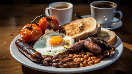 Fototapeta na wymiar AI generated illustration of a white plate featuring a hearty English breakfast