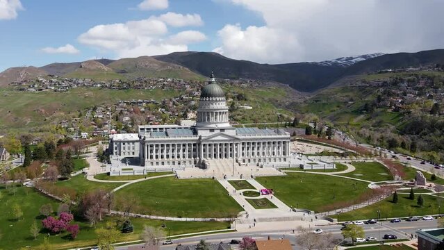 Top cinematic aerial view to the Capitol in Salt Lake City. 4K drone footage. Panoramic view to the Capitol Hill.Utah State Capitol building, is an elevated county.