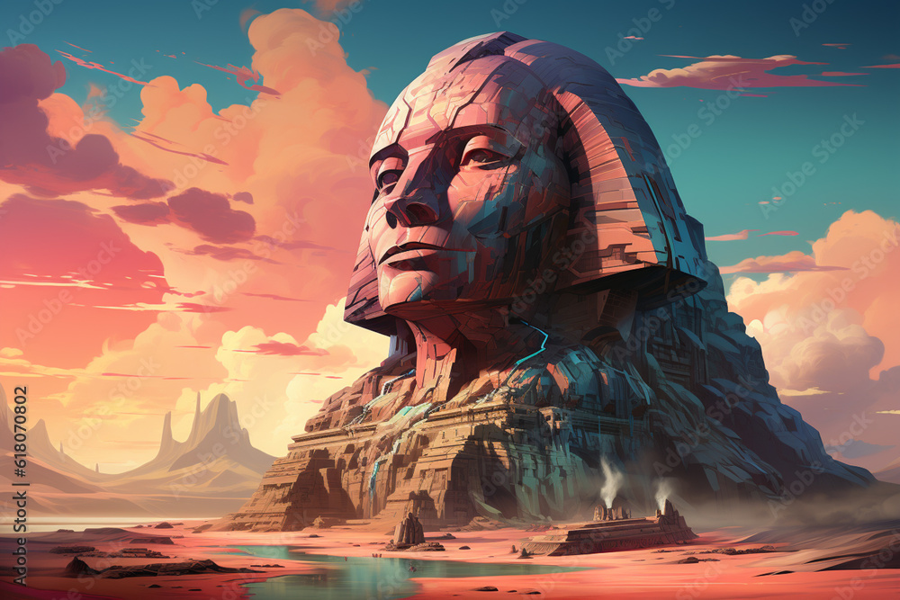 Poster this abstract representation of the great sphinx incorporates elements of surrealism. the image feat