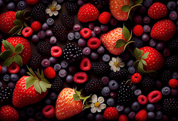 Red berries and blakberries and strawberry pattern background. Generative AI