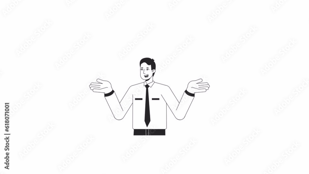 Poster man shrugging shoulders bw animation. animated character clueless employee confusion. monochrome 2d 