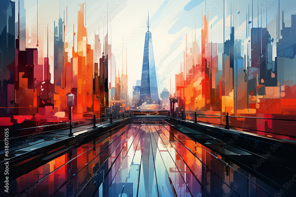Poster This abstract artwork of the Shard presents a unique interpretation of the iconic London skyscraper.  Generative AI technology.
