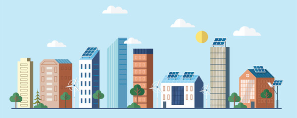 Renewable electric solar power plant station. Modern big town alternative eco green energy. Gren energy city smart power building. Solar power station building sun and urban city skyscrapers skyline