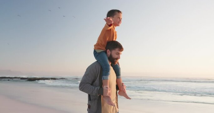 Plane, relax and father with son at beach for travel, happy and bonding. Family, peace and freedom with man carrying child and walking on coastline for summer vacation, holiday and support together