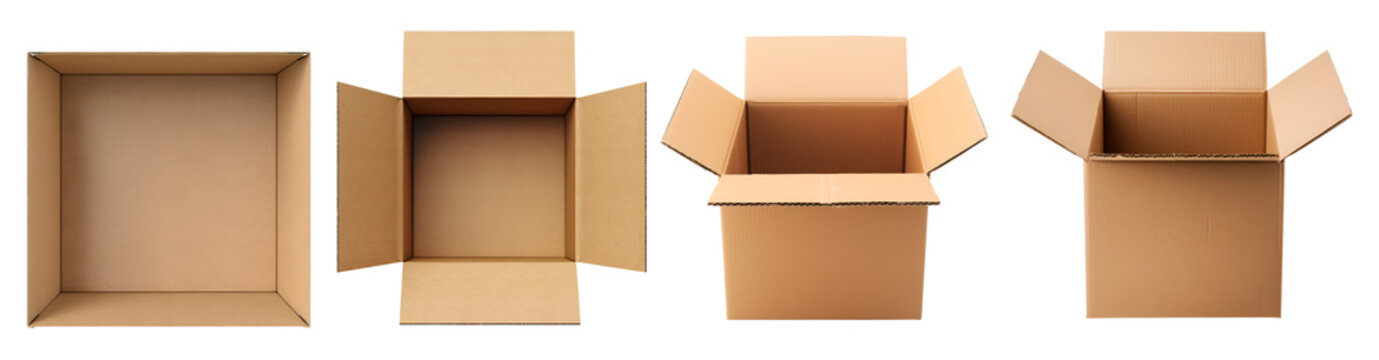 Empty Wooden Cardboard Box On Transparent Background Cutout, PNG File. Mockup Template For Artwork Design. Perspective Open Close Positions Many Different Angle