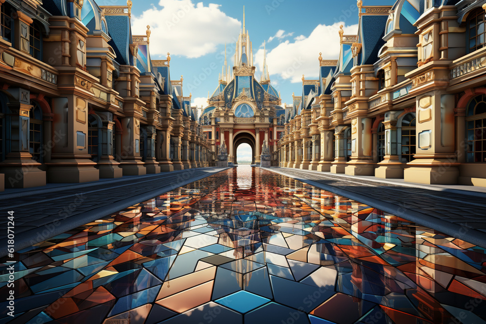 Poster palace of versailles through an abstract impressionist approach. the artwork uses loose brushwork, e