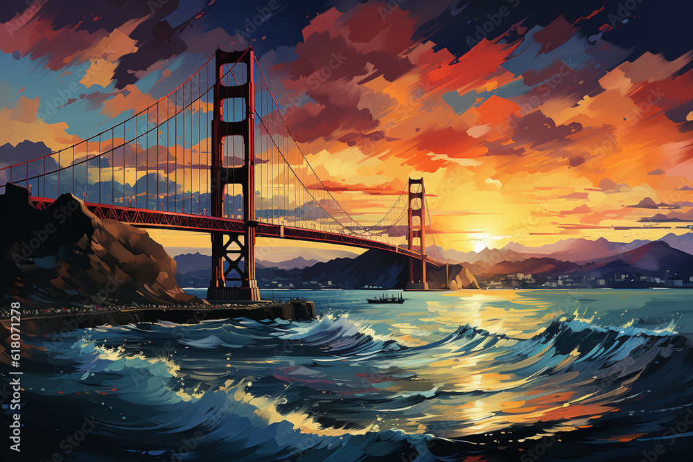 Poster This abstract artwork of the Golden Gate Bridge showcases a unique interpretation of the iconic landmark. The image combines bold, vibrant colors with dynamic, Generative AI technology.