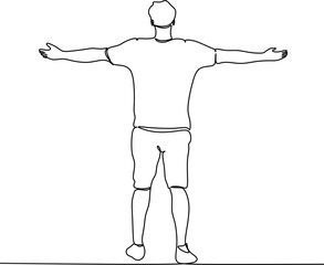 man spread his arms to the sides like bird or airplane face pointing up - one line drawing vector. concept dream, freedom, liberation, breathe deeply, triumph, victory, enlightenment