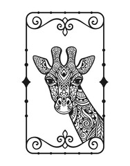 Giraffe mandala. Vector illustration. Adult coloring page. animal in Zen boho style. Sacred, Peaceful. Tattoo print ornaments. black and white