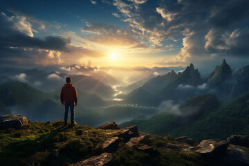 a lone figure standing on a mountaintop, gazing out at the vast expanse of the surrounding landscape, symbolizing the stoic pursuit of tranquility and the embrace of nature's grand Generative AI