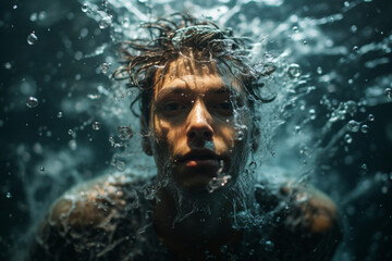a person submerged in deep water, surrounded by chaos and turbulence, yet maintaining a serene and composed expression, representing the stoic ability to find inner calm amidst the Generative AI