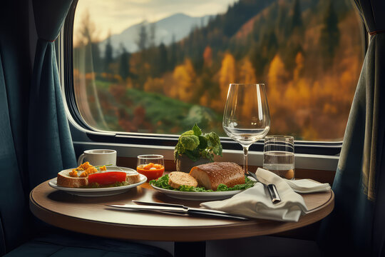 A restaurant in a train with a beautiful view outside the window. Dining car, vagon restaurant. A table with delicious food and wine. Generative AI professional photo.