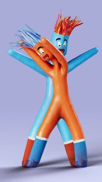 Air dancers, inflatable tube men are dancing and waving arms. Cartoon funny puppets with blowing wind for advertising and promotion, computer graphics, 3d digital object