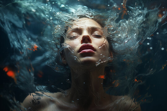 a person submerged in deep water, surrounded by chaos and turbulence, yet maintaining a serene and composed expression, representing the stoic ability to find inner calm amidst the Generative AI