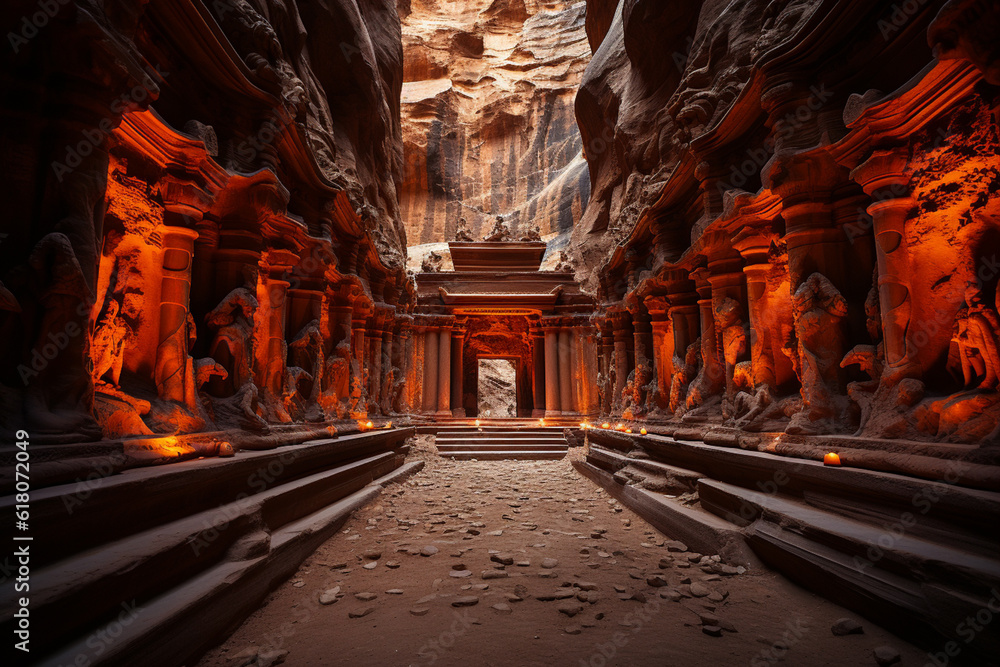 Poster petra treasury in jordan, intricate patterns, and vibrant colors that evoke the mysterious and encha
