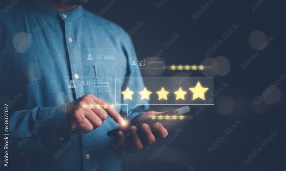 Poster Customer review satisfaction feedback survey concept. User give rating to service excellent experience on smartphone application, Client evaluate quality of service reputation ranking of business.