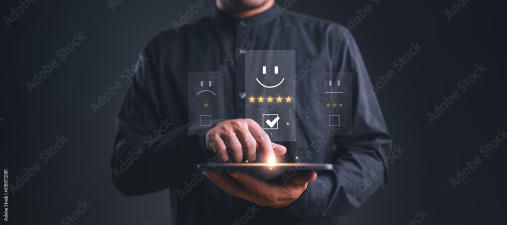 Poster Customer review satisfaction feedback survey concept. User give rating to service excellent experience on smartphone application, Client evaluate quality of service reputation ranking of business.