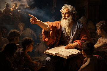 An artistic representation of Epictetus, the Stoic philosopher, teaching his students the importance of distinguishing between what is within their control and what is not, emphasi Generative AI - obrazy, fototapety, plakaty