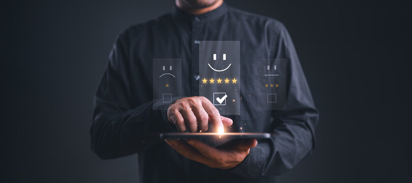 Customer review satisfaction feedback survey concept. User give rating to service excellent experience on smartphone application, Client evaluate quality of service reputation ranking of business.