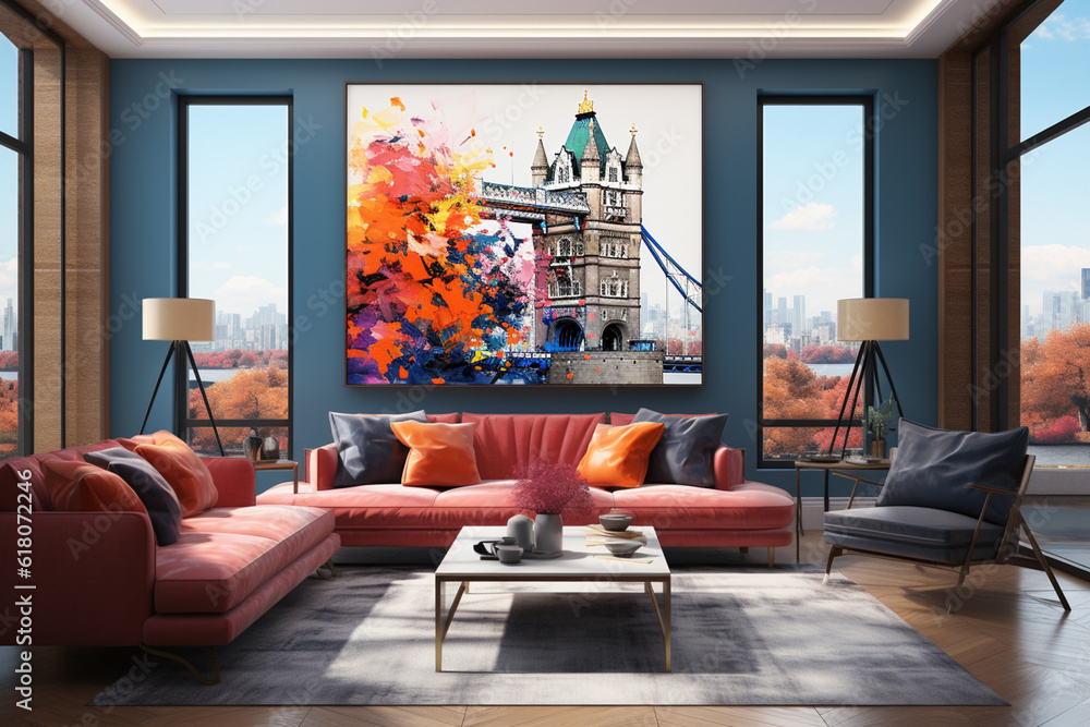 Poster tower bridge, with expressive brushwork, layered textures, and a vibrant color scheme that captures 