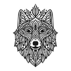 Wolf mandala. Vector illustration. Adult coloring page. Spiritual Animal in Zen boho style. Sacred, Peaceful. Tattoo tribal print. Black and white