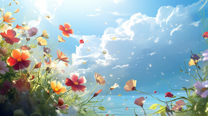 Fototapeta na wymiar Bright flowers meet fresh leaves. summer sunshine And the blue sky generative AI