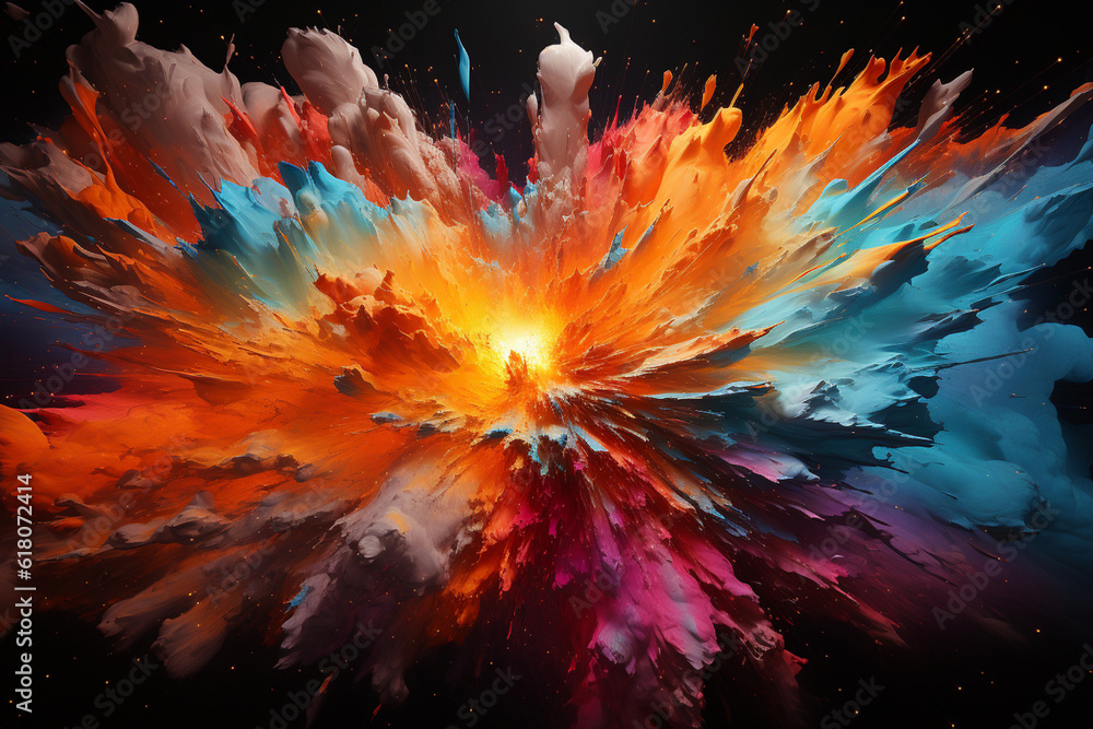 Aufkleber an abstract painting depicting an atomic explosion with vibrant bursts of colors and dynamic brushst