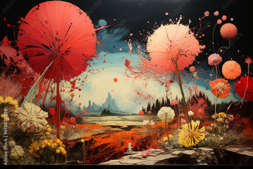 Aufkleber the image combines layers of torn paper, acrylic paint, and digital elements to create a visually st