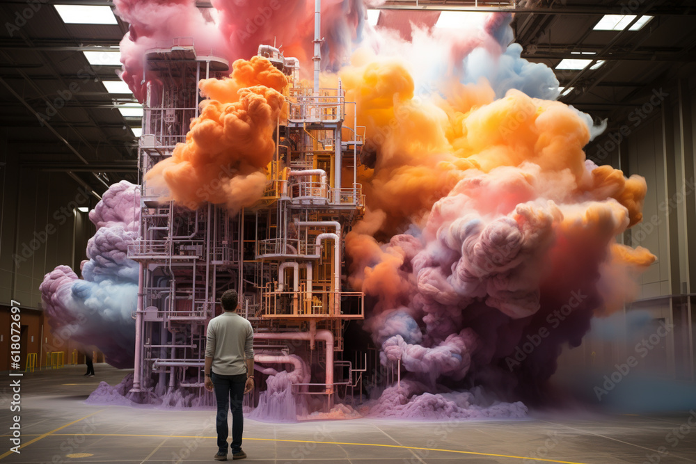 Fototapete the artwork features twisted metal structures, fragmented shapes, and bursts of vibrant colors to co