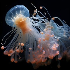 Hyper-realistic, underwater photographic image of
an Apolemia Siphonophore (Siphonophorae)
specimen. Jellyfish, sea, deep sea, sea creatures. Created with Generative AI Technology. 