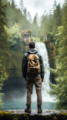 Fototapeta premium Young Man in Hiking Gear Standing on a Rock Looking Towards a Waterfall in a Conifer Forest