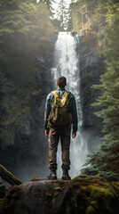 Young Man in Hiking Gear Standing on a Rock Looking Towards a Waterfall in a Conifer Forest