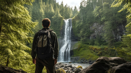 Young Man in Hiking Gear Standing on a Rock Looking Towards a Waterfall in a Conifer Forest