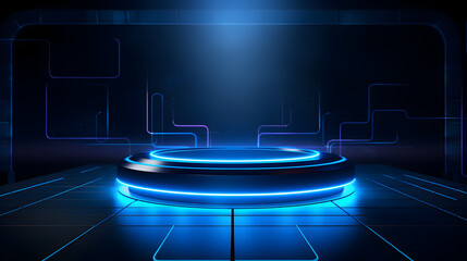 Naklejka premium podium vide, fond bleu, thème technologique pour présentation de produit