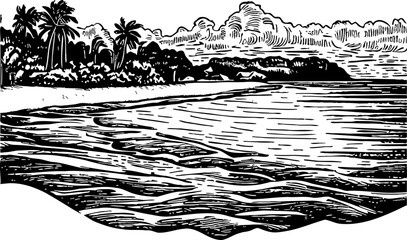 Vector engraving depicting a stunning coastal scene with palm trees along the shore