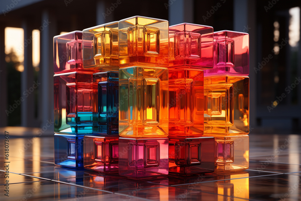 Poster an abstract sculpture inspired by the parthenon, employing geometric forms and materials to evoke th
