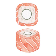 Hand drawn watercolor illustration of roll with salmon and philadelphia cheese. Japanese snacks. Asian cuisine.
