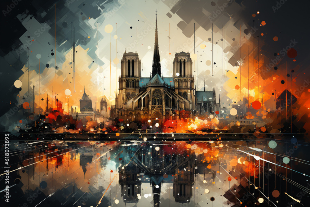 Aufkleber an abstract collage of notre-dame cathedral, combining geometric shapes, textures, and fragments of 