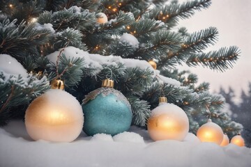 Fototapeta na wymiar Christmas tree and Christmas decorations on the snow. Ai generative.