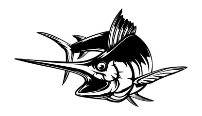 Marlin fishing logo vector; illustration. Swordfish fishing emblem isolated. Ocean fish logo. Saltwater fishing theme.