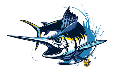 Marlin fishing logo vector; illustration. Swordfish fishing emblem isolated. Ocean fish logo. Saltwater fishing theme.