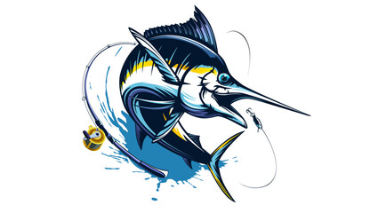 Marlin fishing logo vector; illustration. Swordfish fishing emblem isolated. Ocean fish logo. Saltwater fishing theme.